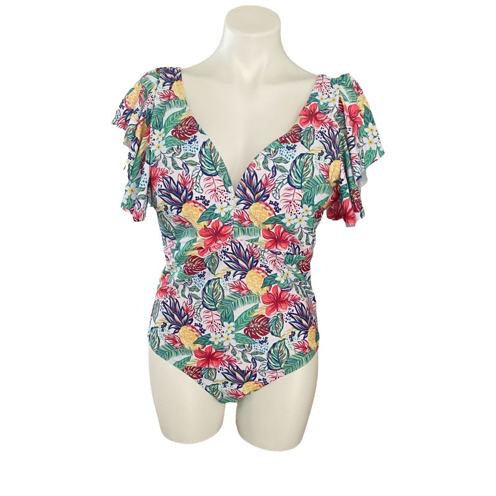 Binlowis Womens Swimsuit Size XL One Piece V Neck Flounce Floral Bathing Suit